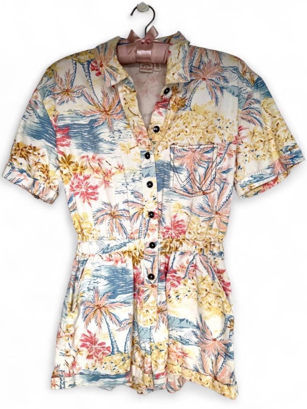 Billabong x Wrangler Cali Run Romper Tropical Palm Tree Print Button Denim Small